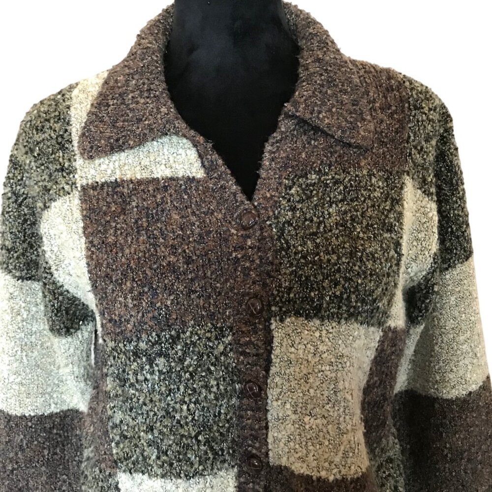 Dress Barn Color Block Cropped Cardigan Sweater, Quilt-Like Buttons Browns Small